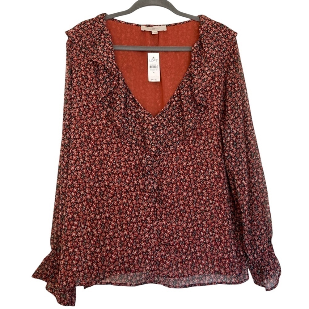 LOFT Ruffle V-Neck Floral Blouse Top in Deep Persimmon NEW - Picture 8 of 12